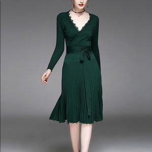 Green sweater, v-neck wrap dress